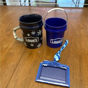 Lowe's Blue Christmas Mug Set mini bucket and photo ornament